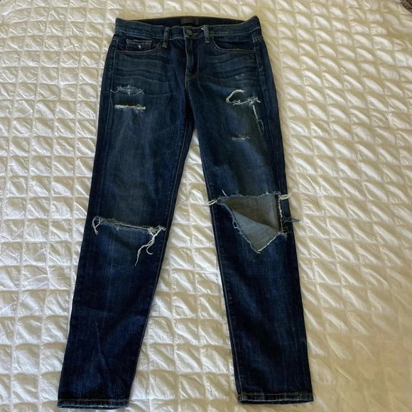 Vince 5 pocket relaxed rolled in destructed dark crimson distressed denim